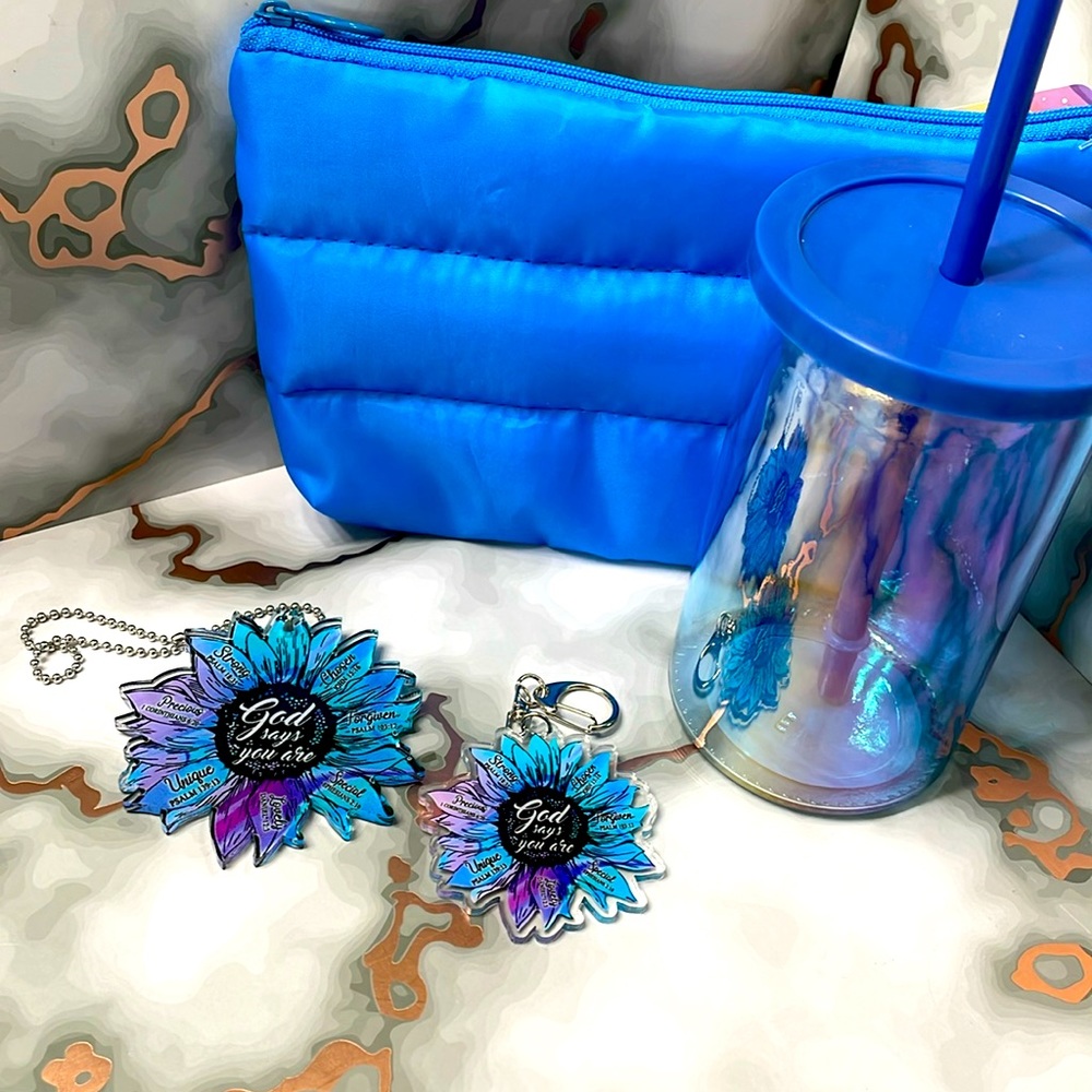 4pc Turquoise GOD SAYS YOU ARE bundle with pendant, keychain, glass and pouch